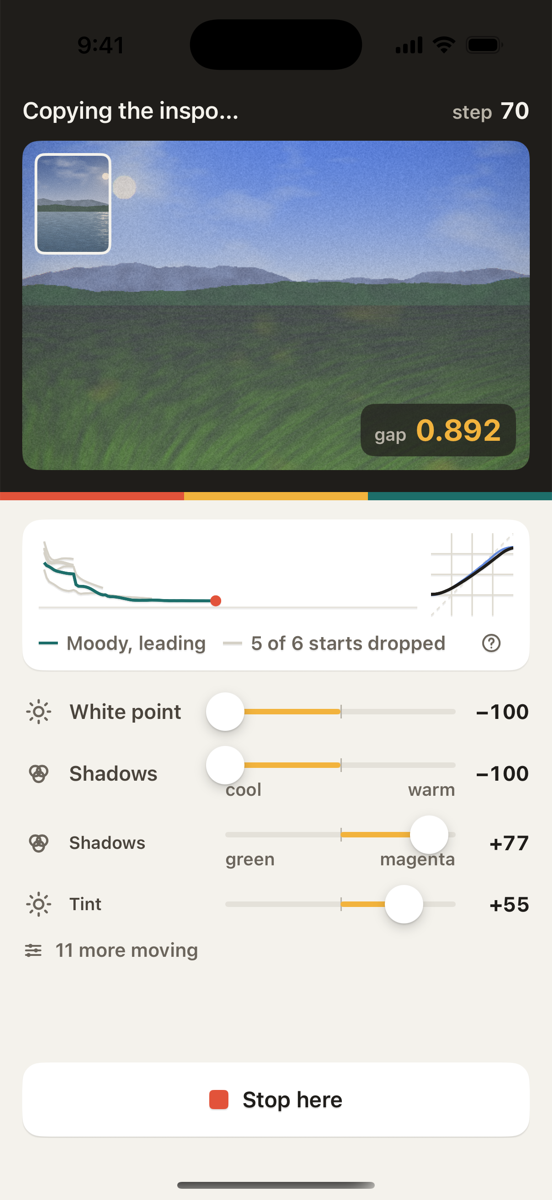 Copying screen: sliders, curves and the search graph moving live