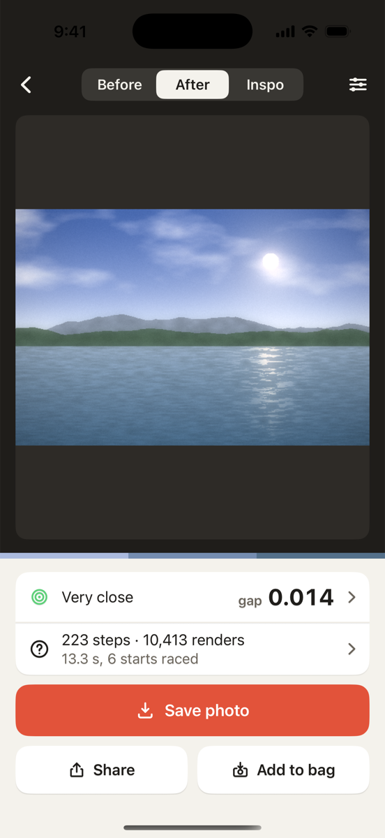 Result screen: before, after and inspo, with how close it got